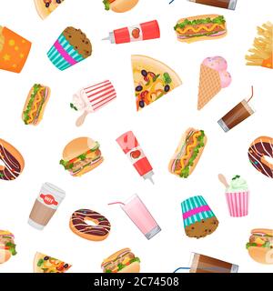 Realistic seamless flat pattern of fast food. Vector illustration Stock Vector