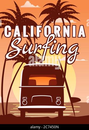 Surfer orange bus, van, camper with surfboard on the tropical beach. Poster California palm trees and blue ocean behind. Retro illustration of modern Stock Vector