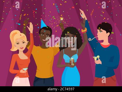 Cheerful black and white people standing in falling confetti and celebrating. Birthday party guys Stock Vector
