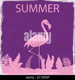 Flamingo summer tropical exotic bird floral vintage poster. Textured grunge effect retro card with text Summer. Vector illustration silhouette Stock Vector