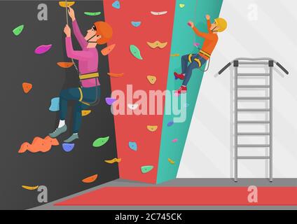 Vector illustration of two people training on rock-climbing wall Stock Vector