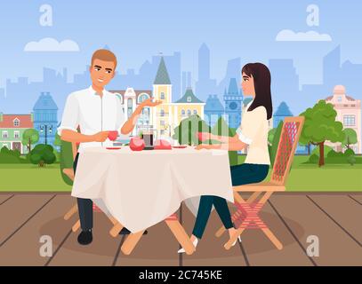 Vector illustration of young man and woman communicating sitting in outside cafe on the old city background Stock Vector