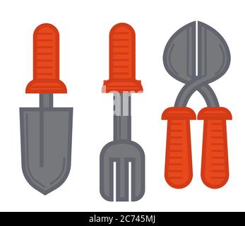 Pruner and shovel with fork or rakes gardening Stock Vector
