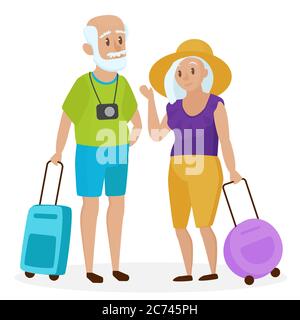 Old people tourists with suitcases. Happy grandparents travelers. Grandpa and grandma. Elderly couple traveling. Cartoon vector illustration Stock Vector