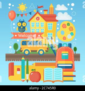 Back To School Banner with school building, bus and education icons. Vector Flat Illustration. School Education Concept. Vector illustration Stock Vector