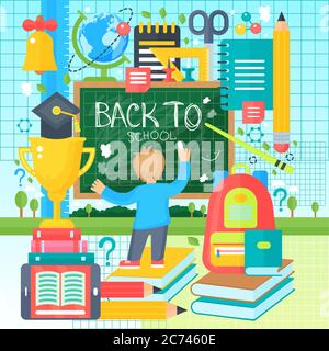 Back To School Banner with boy drawing on the Chalkboard. Vector Flat Illustration. School Education Concept. Vector illustration Stock Vector