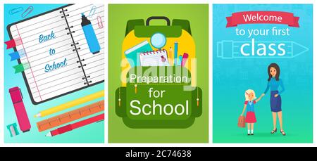 Welcome back to school concept template. School equipment notebook, backpack and woman teacher with girl pupil kid. Vector collection of cartoon flat education design concepts Stock Vector