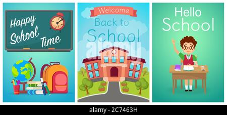 Welcome back to school. Cute school kids templates and baners. Boy pupil on the desk, study equipment and school building. Cartoon vector illustration Stock Vector
