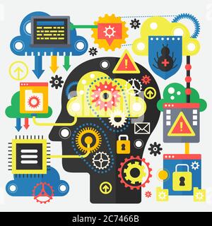 Modern flat concept of big data and cloud technology. Set of application window, servers, laptop and clouds near head silhouette. Cloud computing technology banner Stock Vector