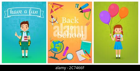 Welcome back to school. Cute school pupils kids templates and baners. Pupil Boy with backpack and girl with ballons. School study equipment cartoon vector illustration Stock Vector