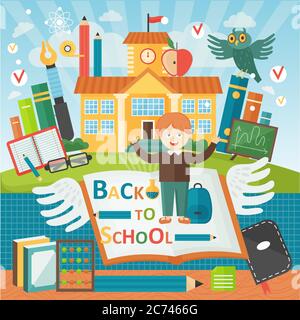 Welcome back to school. Cute school kid template banner. Boy pupil and study equipment near school building. Cartoon vector illustration Stock Vector