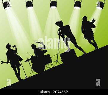 Hard Rock band silhouette on stage. Action angle with searchlights Stock Vector