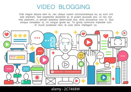 Video blogger flat line concept. Computer screen with man blogger. Personal blogging channel broadcasting thin outline stroke vector illustration Stock Vector