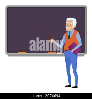 Senior teacher professor standing near blackboard in classroom at school, college or university. Flat design cartoon male character Stock Vector