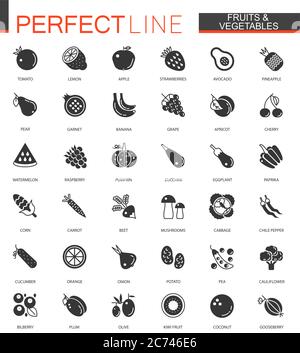 Black classic fruits and vegetables icons set Stock Vector