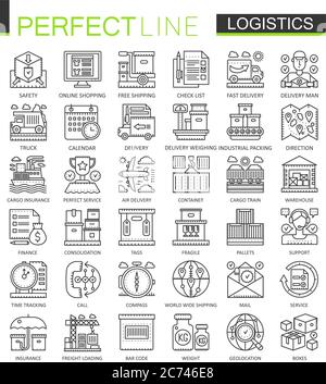 Logistics outline mini concept symbols. Modern stroke linear style illustrations set. Logistic transportation perfect thin line icons. Stock Vector