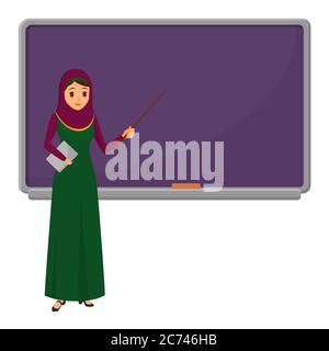 Muslim woman teacher standing in front of blackboard teaching student in classroom at school, college or university. Flat design muslim female character in traditional clothes Stock Vector