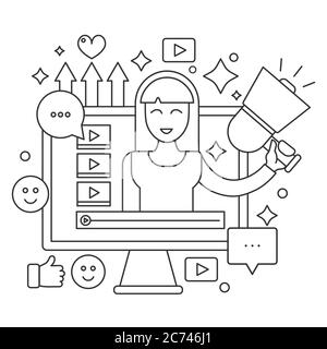 Video blogger thin line web concept. Computer screen with female woman blogger. Personal blogging channel broadcasting outline stroke vector illustration Stock Vector
