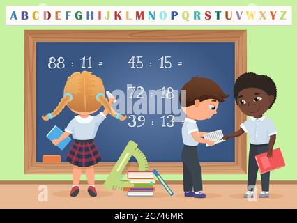Kids pupils in classroom near school board chalkboard background vector illustration. Cartoon vector illustration Stock Vector