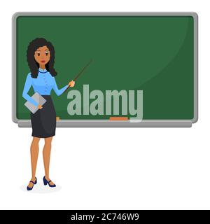 Muslim or Brazilian looking woman teacher standing in front of blackboard teaching student in classroom at school, college or university. Flat design of fashion brazil or arab female character Stock Vector