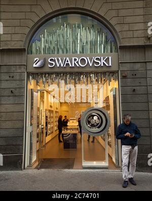 Florence, Italy - 04 november, 2017: Swarovski store. Fine jewelry. Austrian producer of lead glass, commonly called crystal. Exclusive collection of Stock Photo