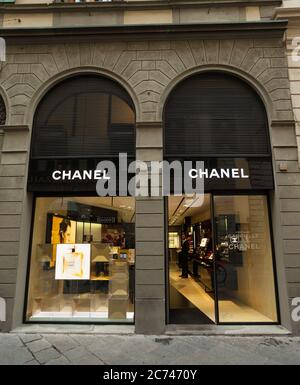 Florence, Italy - 04 November, 2017: Chanel store, external facade of the store entrance. Chanel perfumes are famous all over the world and are consid Stock Photo