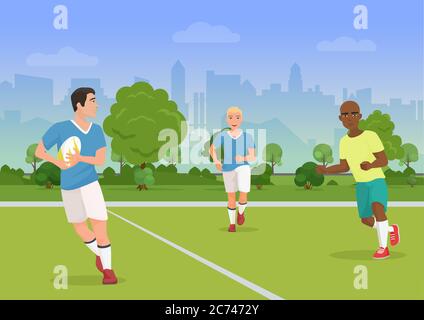 Vector illustration of cheerful black and white people playing rugby on the playground Stock Vector
