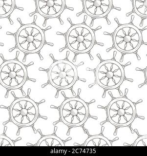 Rudder of ship or boat, monochrome seamless pattern Stock Vector