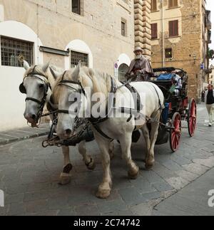 Florence, Italy - 04 November, 2017: tourists touring around in a horse carriage in the touristic city center. Stock Photo