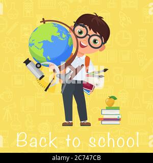 Cute pupil Boy. Back to School isolated cartoon character with globe on yellow background woth icons. Vector illustration Stock Vector