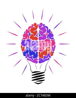 Incandescent lamp in the form of a person brain. The multi-colored human brain. Glow in different directions. Education logo. Stock Vector