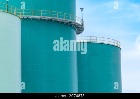 Closeup fuel storage tank in petroleum refinery. Blue big tank of oil storage. Fuel silo. Liquid petroleum tank. Petroleum oil industrial. Fuel statio Stock Photo