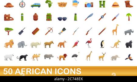 50 african icons set. Cartoon illustration of 50 african icons vector set isolated on white background Stock Vector