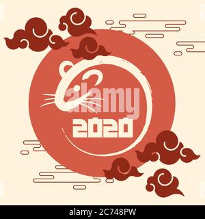 Chinese new year 2020 logo with a symbol of a rat, red circle and chinese clouds Stock Vector