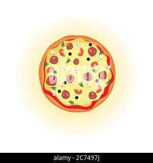 Beautiful pizza painted in a flat style. Tasty food. Vector illustration. Italy. Stock Vector