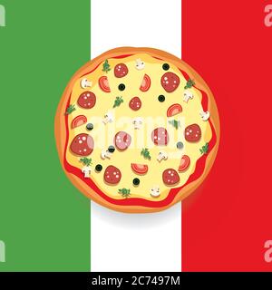 Beautiful pizza painted in a flat style. Tasty food. Vector illustration. Italy. Stock Vector