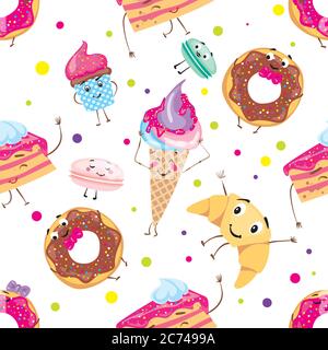 Set of cute desserts. Donuts, muffins, pasta, coffee, tea, cup, cake, ice creams and a croissant. Smiling sweets. Characters. Stock Vector