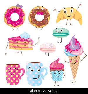 Set of cute desserts. Donuts, muffins, pasta, coffee, tea, cup, cake, ice creams and a croissant. Smiling sweets. Characters. Stock Vector