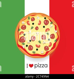 Beautiful pizza painted in a flat style. Tasty food. Vector illustration. Italy. Stock Vector