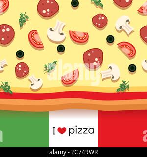 Beautiful pizza painted in a flat style. Tasty food. Vector illustration. Italy. Stock Vector