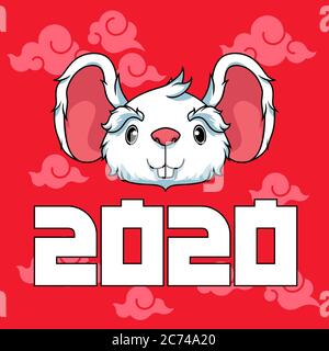 Big cartoon white mouse face on red background with 2020 logo, New Year Stock Vector
