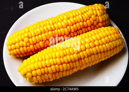boiled corn on a white plate Stock Photo
