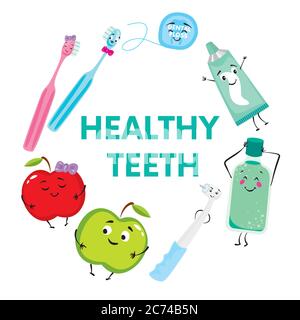 A set of products for the care of teeth and oral cavity. Dental floss, toothpaste, toothbrushes, mouthwash, drill and apples. Stomatology. Vector. Stock Vector