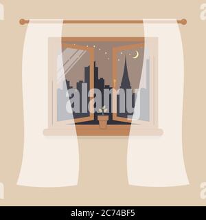 Open wooden window with tulle as design element for interior of room on cream background. Night city scene or cityscape is outside. Plant in pot Stock Vector