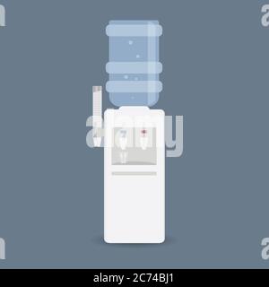 Floor water cooler with glass holder for office and home. Plastic bottle. Water dispenser with blue full bottle, as well hot and cold water taps. Isol Stock Vector