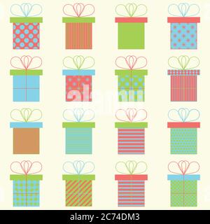 Set of present or gift boxes. Colorful flat vector icons. Bright colors. Celebration concept. Seamless pattern Stock Vector