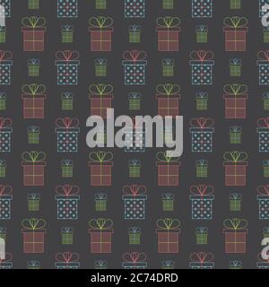 Present or gift boxes. Outline vector. Bright colors. Celebration concept. Seamless holiday pattern Stock Vector