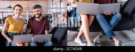 collage of positive businessman and businesswoman using laptops while sitting on sofa Stock Photo