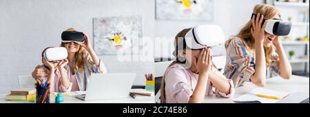 Collage of smiling mother and excited daughter using vr headsets near stationery on table Stock Photo