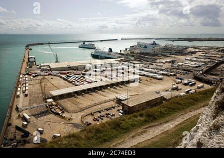 The Port of Dover viewed from the White Cliffs clifftops, Kent, England.